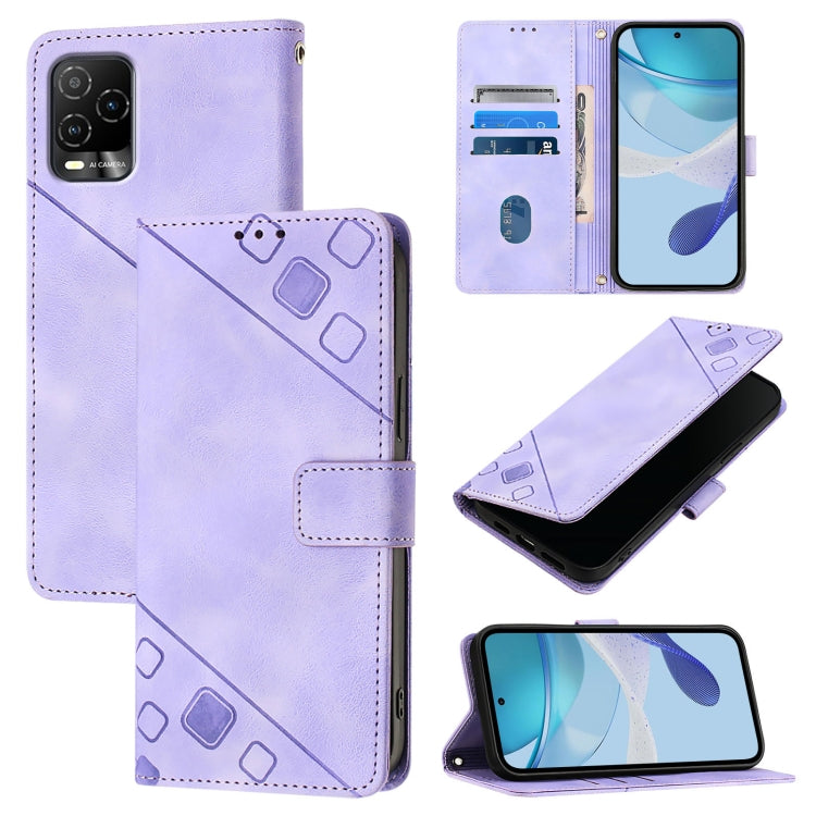 Light purple embossed leather wallet-style phone case with magnetic closure and card slots