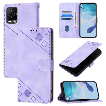 Light purple embossed leather wallet-style phone case with magnetic closure and card slots