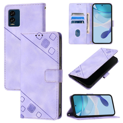 Light purple embossed leather folio phone case with card slots, stand, and magnetic strap