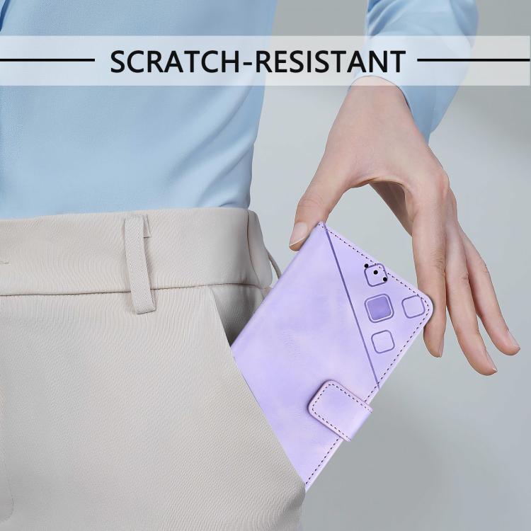 Light purple embossed folio phone case with diagonal pattern and hand-held grip