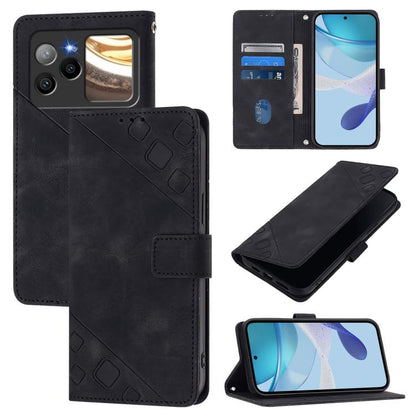 Black embossed leather wallet-style phone case with magnetic closure and card slots