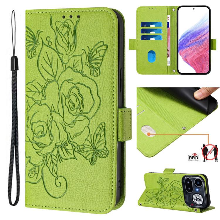 Green embossed rose RFID anti-theft leather phone case with wrist strap, folio cover.