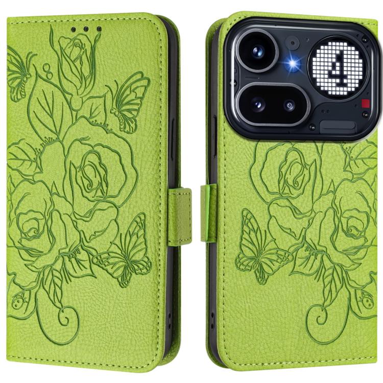 Green folio phone case with embossed roses, showing interior card openings and cutouts.