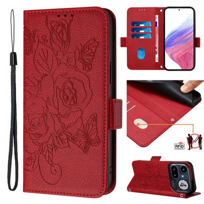 Red embossed rose RFID anti-theft leather phone case with wrist strap, folio cover.