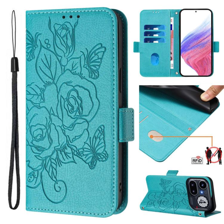 Light blue embossed rose RFID anti-theft leather phone case with wrist strap, folio cover.