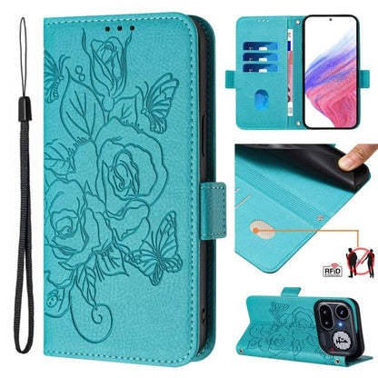 Light blue embossed rose RFID anti-theft leather phone case with wrist strap, folio cover.