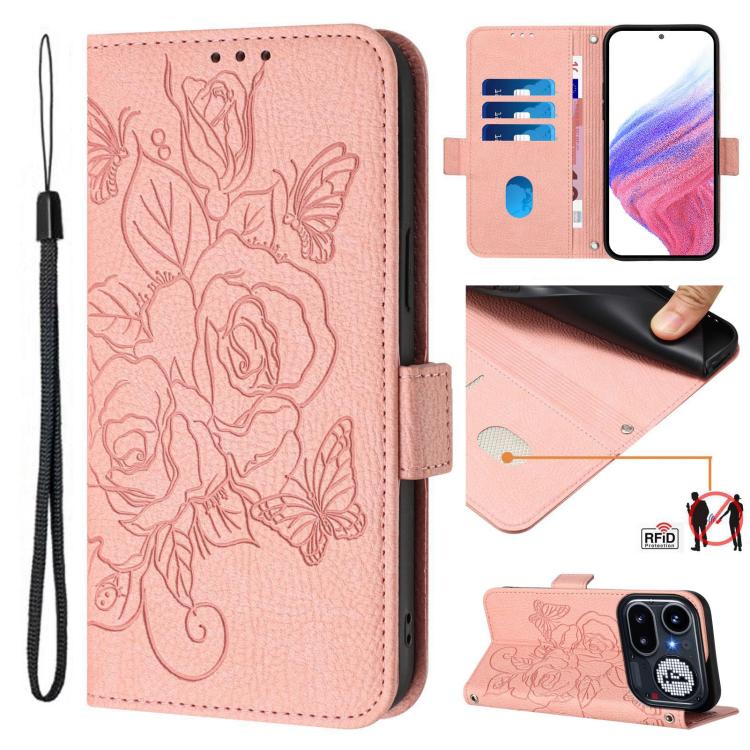 Pink embossed rose RFID anti-theft leather phone case with wrist strap, folio cover.