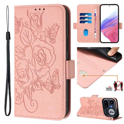 Pink embossed rose RFID anti-theft leather phone case with wrist strap, folio cover.