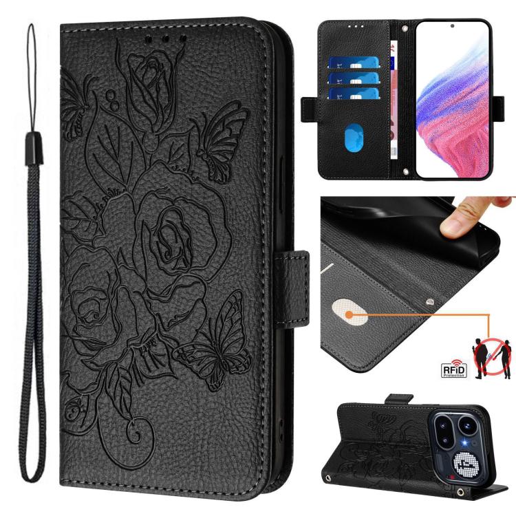 Black embossed rose RFID leather folio phone case with wrist strap and card slots