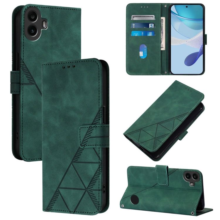 Green leather flip phone case with geometric embossed pattern and card slot