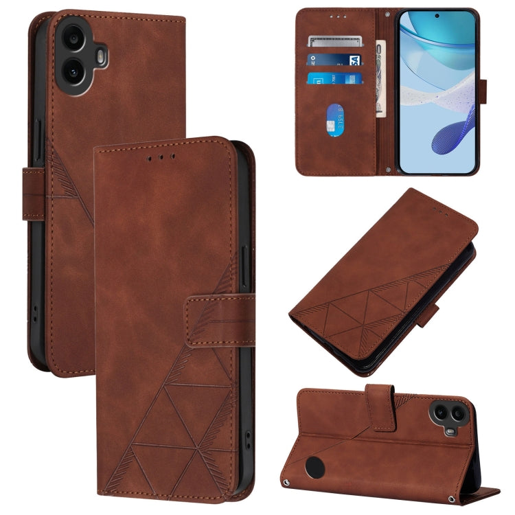 Brown leather flip phone case with geometric embossed pattern and card slot
