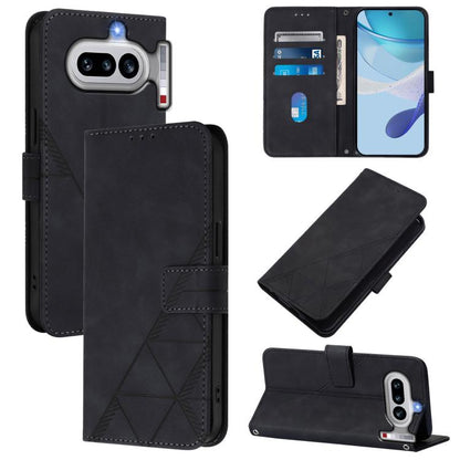 Black crossbody flip leather phone case with geometric embossed panel and card slots