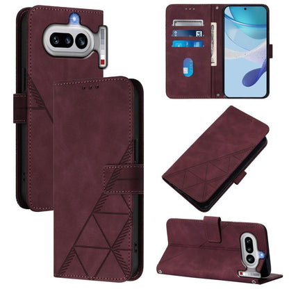 Wine red crossbody flip leather phone case with geometric embossed panel and card slots