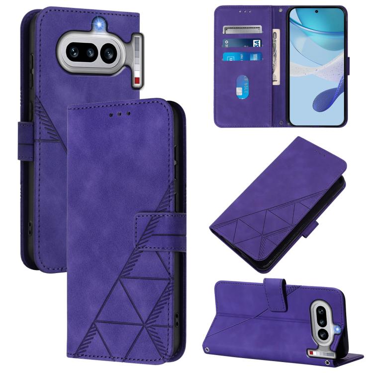 Purple leather flip phone case with geometric embossed pattern and card slot