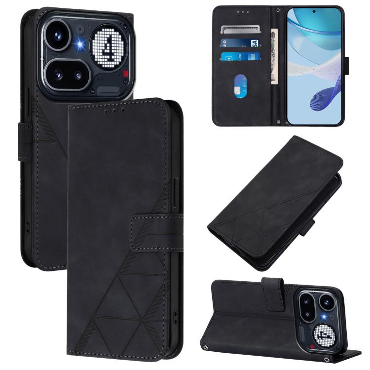Black embossed flip leather phone case with crossbody strap and card slots