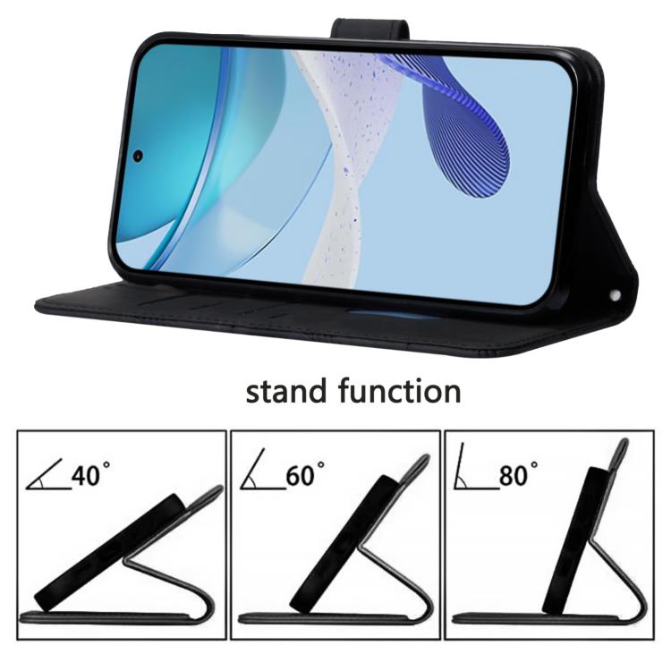 Black flip phone case with built-in stand for viewing at an angle