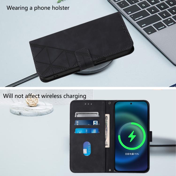 Black flip phone case opened to hold phone and cards with crossbody strap