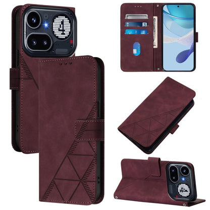 Wine red crossbody flip leather phone case with geometric embossed design and card slots