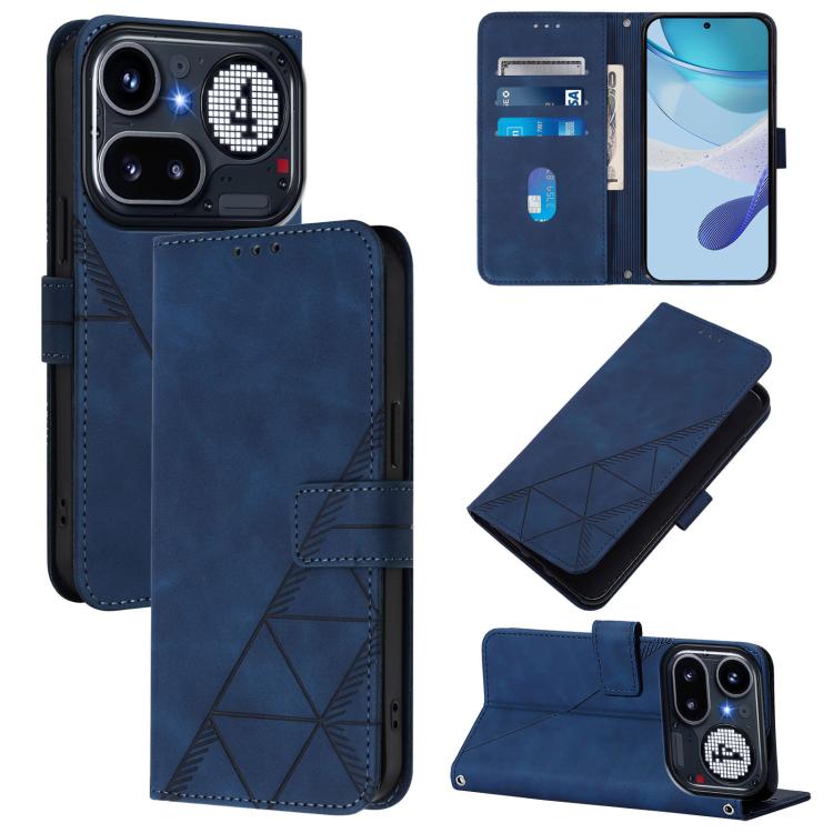 Blue crossbody flip leather phone case with geometric embossed design and card slots