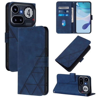 Blue crossbody flip leather phone case with geometric embossed design and card slots