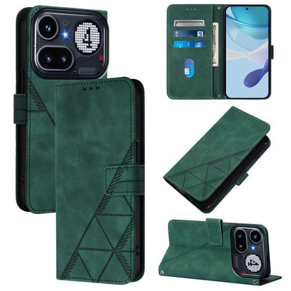 Green crossbody flip leather phone case with geometric embossed design and card slots