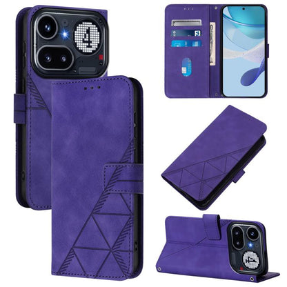 Purple crossbody flip leather phone case with geometric embossed design and card slots