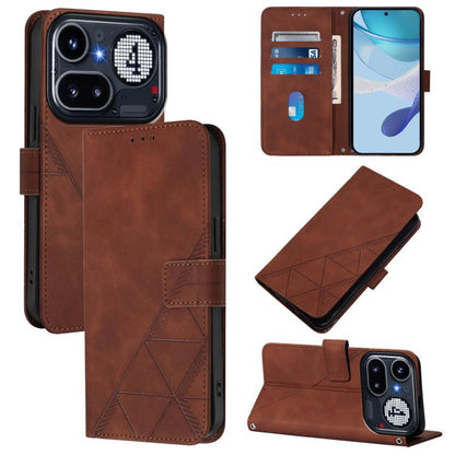 Brown crossbody flip leather phone case with geometric embossed design and card slots