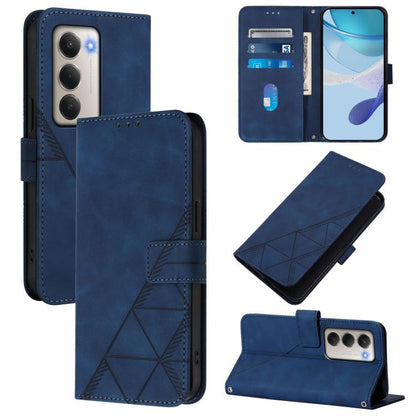 Blue flip leather phone case with geometric embossing, card slots, crossbody strap