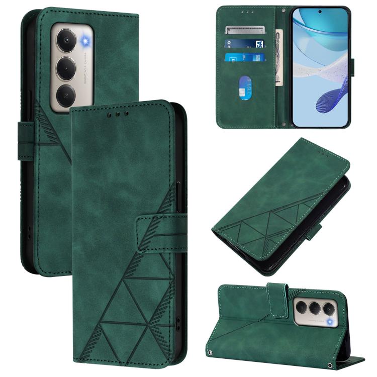 Green flip leather phone case with geometric embossing, card slots, crossbody strap