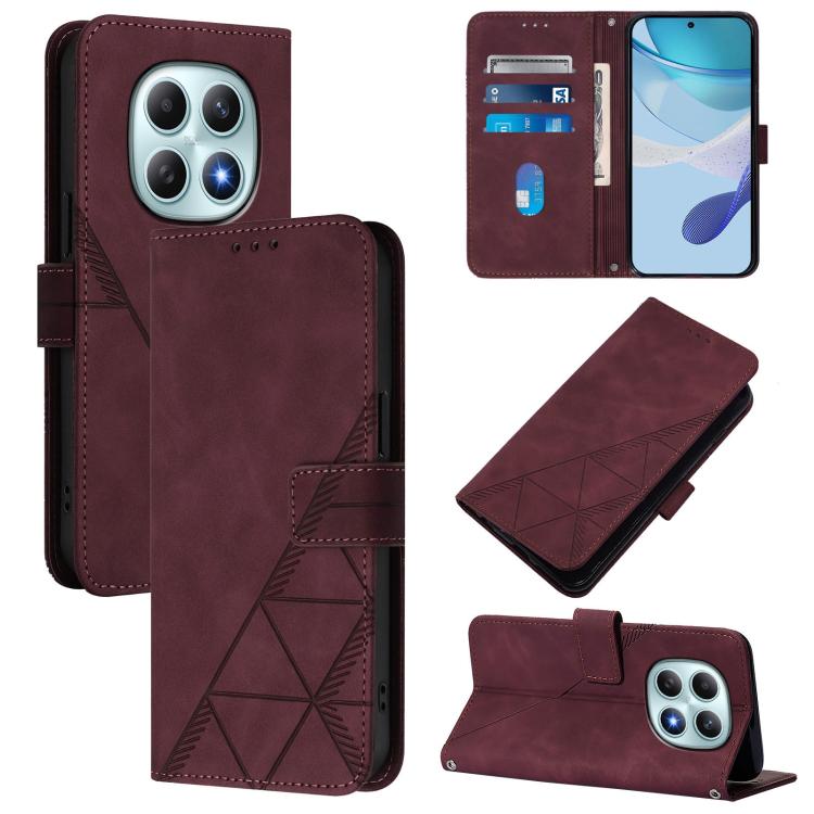 Wine red embossed flip leather crossbody phone case with magnetic stand in open view