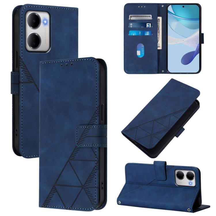 Blue crossbody flip phone case with geometric embossed pattern and card slots