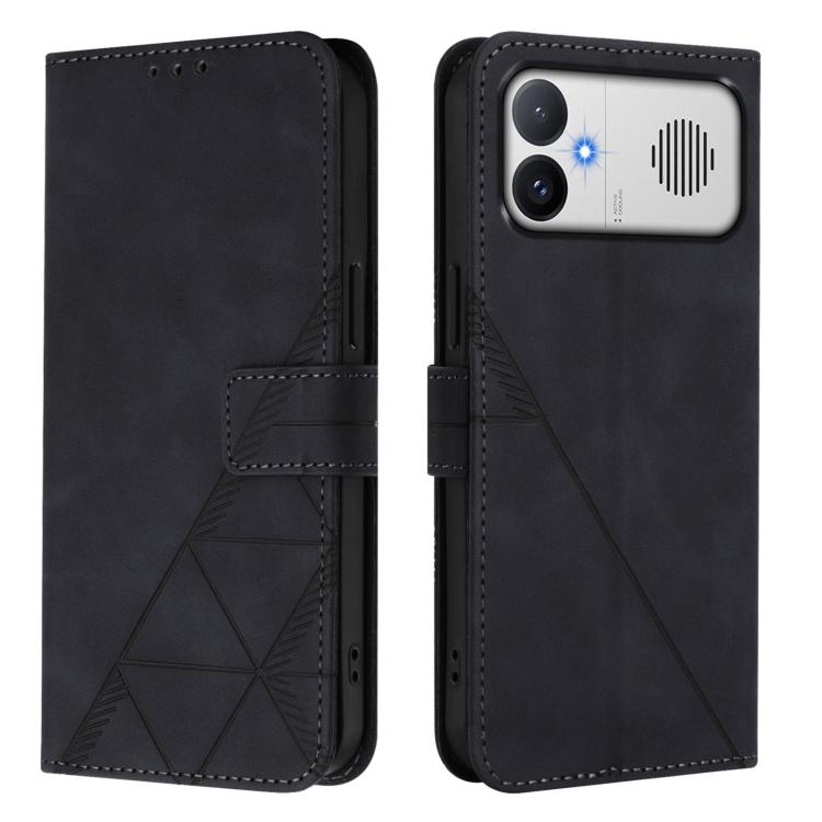 Black embossed flip leather phone case with crossbody strap, phone view