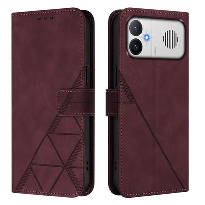 Wine red embossed flip leather phone case with crossbody strap, phone view