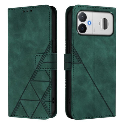 Green embossed flip leather phone case with crossbody strap and geometric embossing