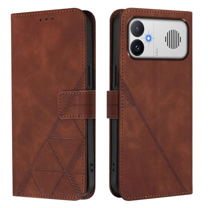 Brown embossed flip leather phone case with crossbody strap and phone view