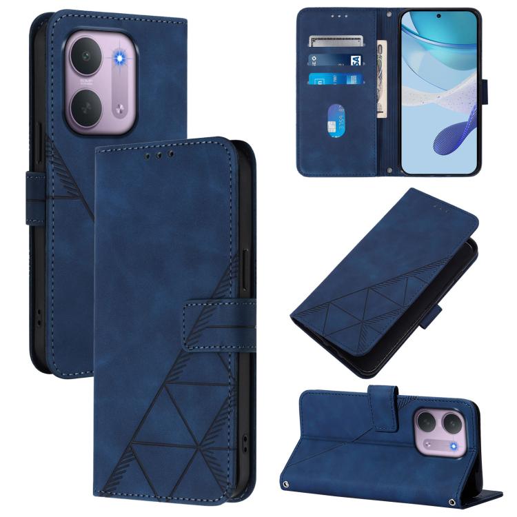 Blue crossbody flip leather phone case with embossed geometric pattern and camera cutout