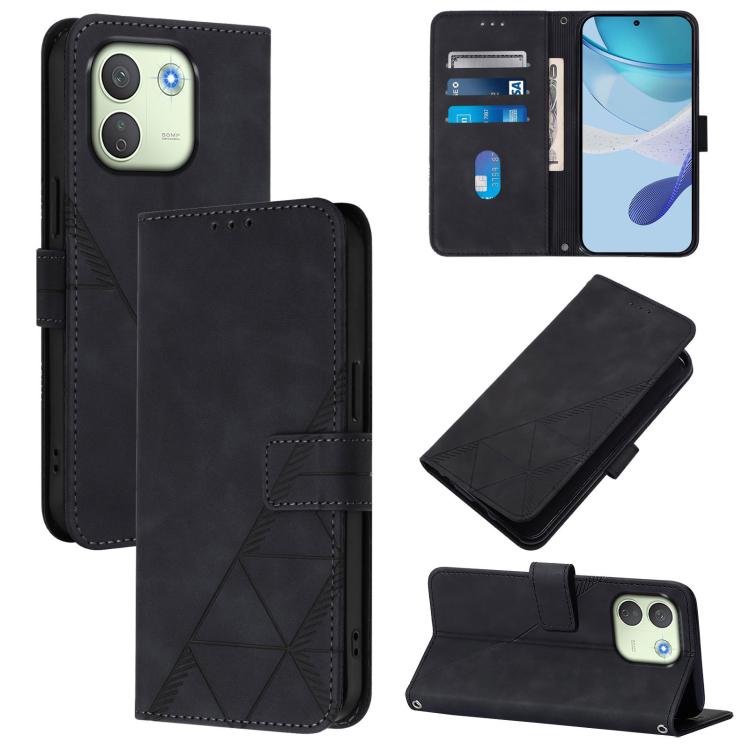 Black crossbody flip leather phone case with embossed geometric pattern and camera cutout