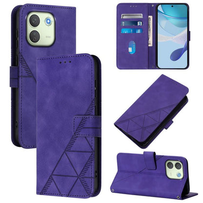 Purple crossbody flip leather phone case with embossed geometric pattern and camera cutout