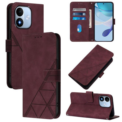 Wine red crossbody leather flip phone case with geometric 3D embossed design and card slot