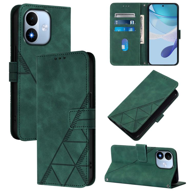 Green crossbody leather flip phone case with geometric 3D embossed design and card slot