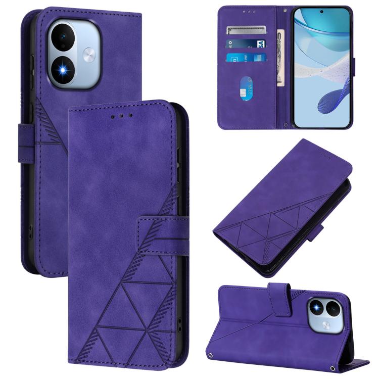 Purple crossbody leather flip phone case with geometric 3D embossed design and card slot