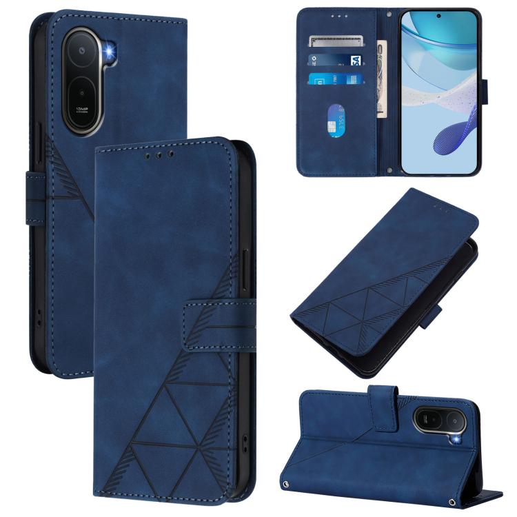Blue crossbody flip leather phone case with geometric embossed pattern and card slots
