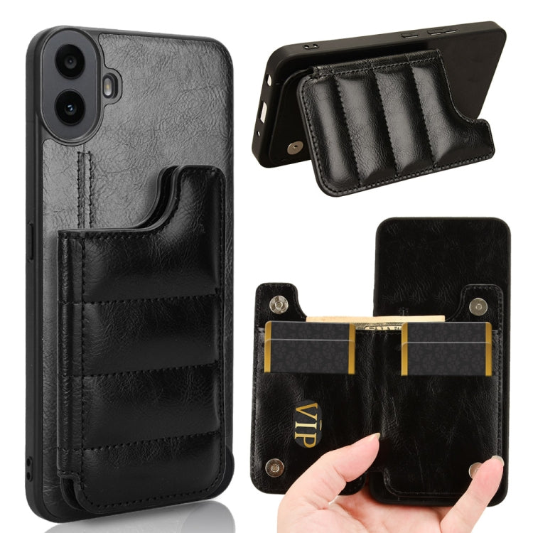 Dark leather phone card bag case with stitched pocket and front flap