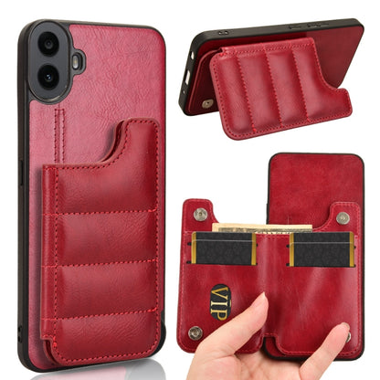 Red leather phone card bag case with stitched pocket and front flap