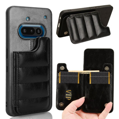 Black leather phone card bag case with stitched pocket and front flap