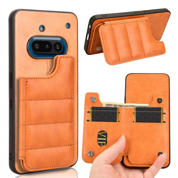 Orange leather phone card bag case with stitched pocket and front flap