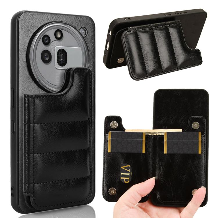 Black leather phone card bag case with stitched pocket and front flap