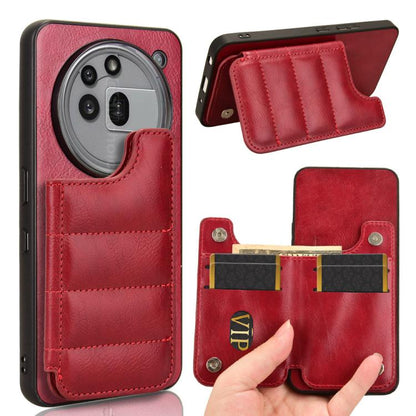 Red leather phone card bag case with stitched pocket and front flap
