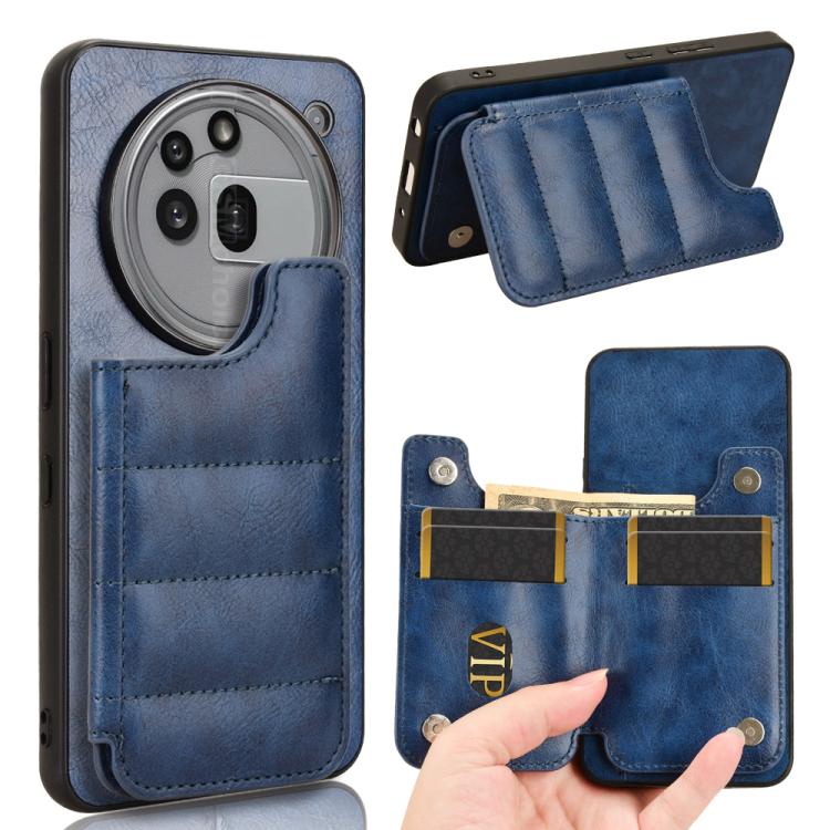 Blue leather phone card bag case with stitched pocket and front flap