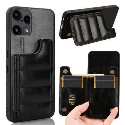 Black phone case with built-in card holder pouch and stitched flap pocket